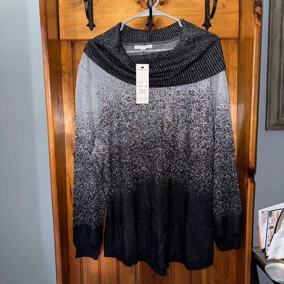 Notations Woman 2X Cowl Neck Tunic Sweater Black Silver Metallic Sparkle NEW - Picture 1 of 6